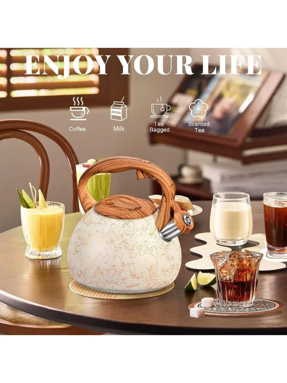 GGC 3.1QT White Art Stainless Steel Whistling Tea Kettle For Kitchen Stove Top